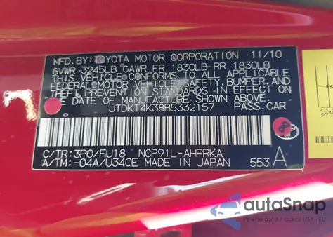 2011 Toyota Yaris z USA, uszkodzony, nr VIN JTDKT4K38B5332157